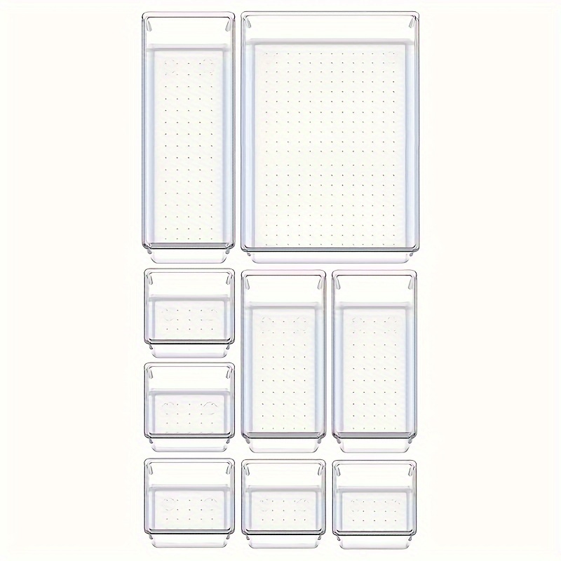 TEMU 9-piece Plastic Drawer Organizer Set For Makeup, Office Supplies, Bathroom And Kitchen - Transparent, Multi-sized, Flush Mount, Portable Tray Dividers For Custom Layouts