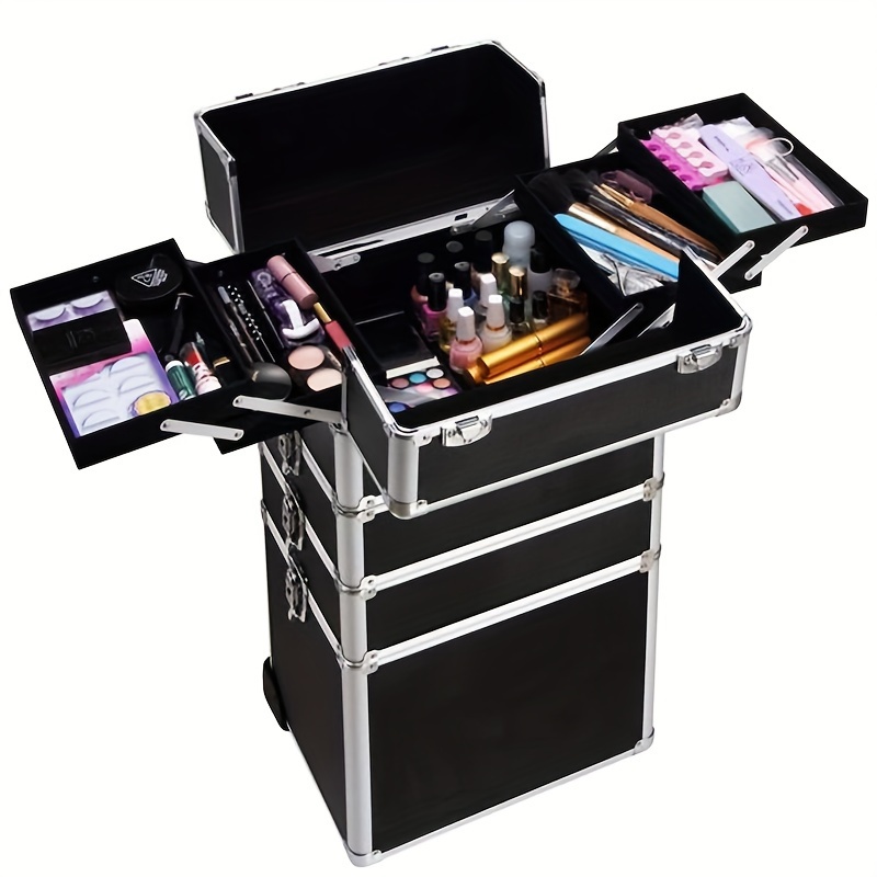 

4-in-1 Draw-bar Style Interchangeable Aluminum Rolling Makeup Case Black 75*35*25cm