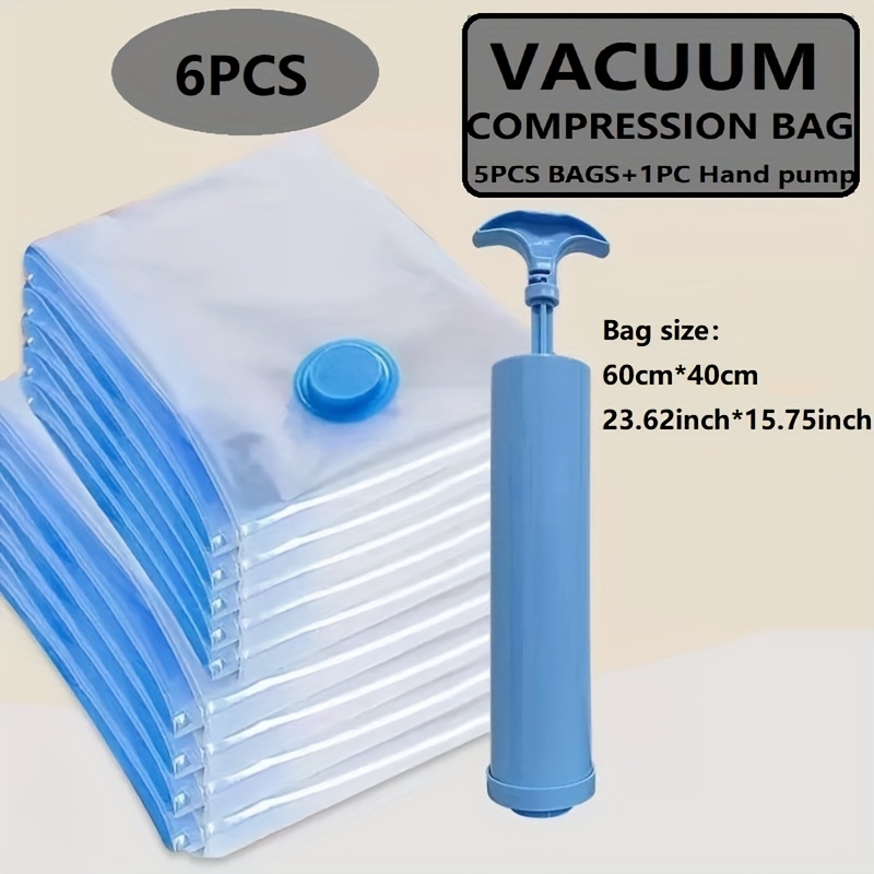 Image of 6pcs Extra Large Vacuum Storage Bags Set, 40x60cm, With 1 Manual Pump - Space , Airtight Compression, Dustproof And, Suitable For Clothes And Bedding, Ideal For Dorms, Wardrobes, And Moving