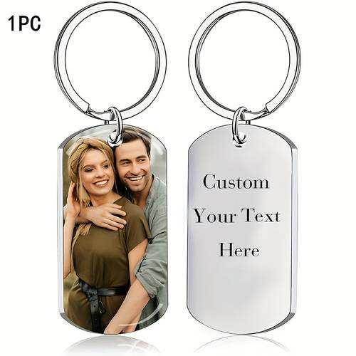 personalized stainless steel keychain double sided engraved photo and text tag design ideal christmas or valentines day gift for him