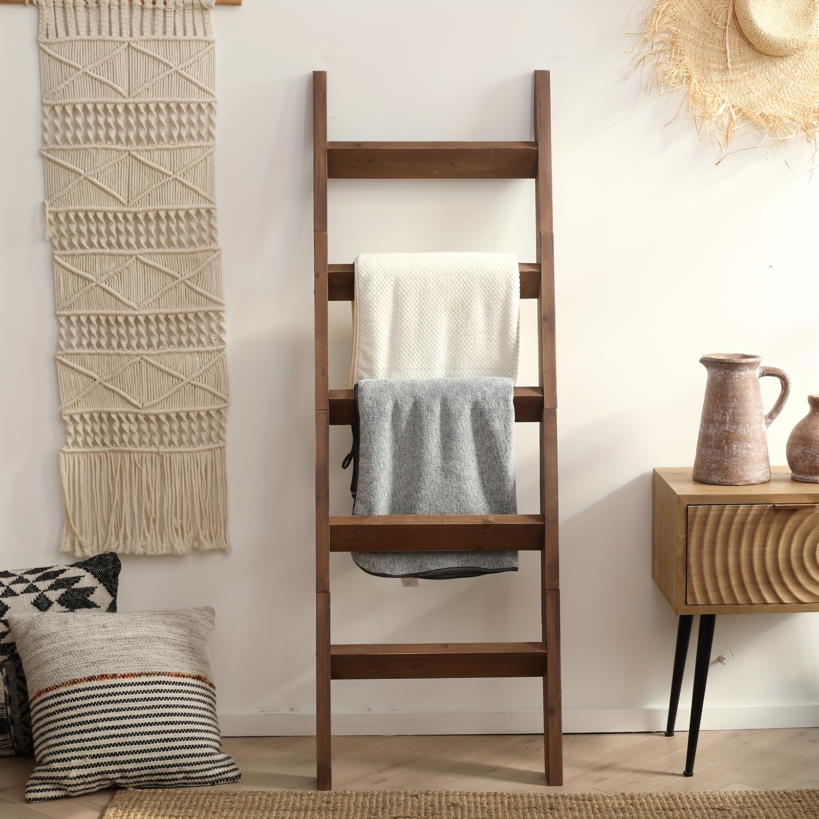 TEMU 5-foot Wooden Ladder For Blankets, A Decorative Piece For The Living Room, Designed To Lean Against The Wall, Perfect For Showcasing Quilts, And Can Serve As A Towel Rack In The Bathroom