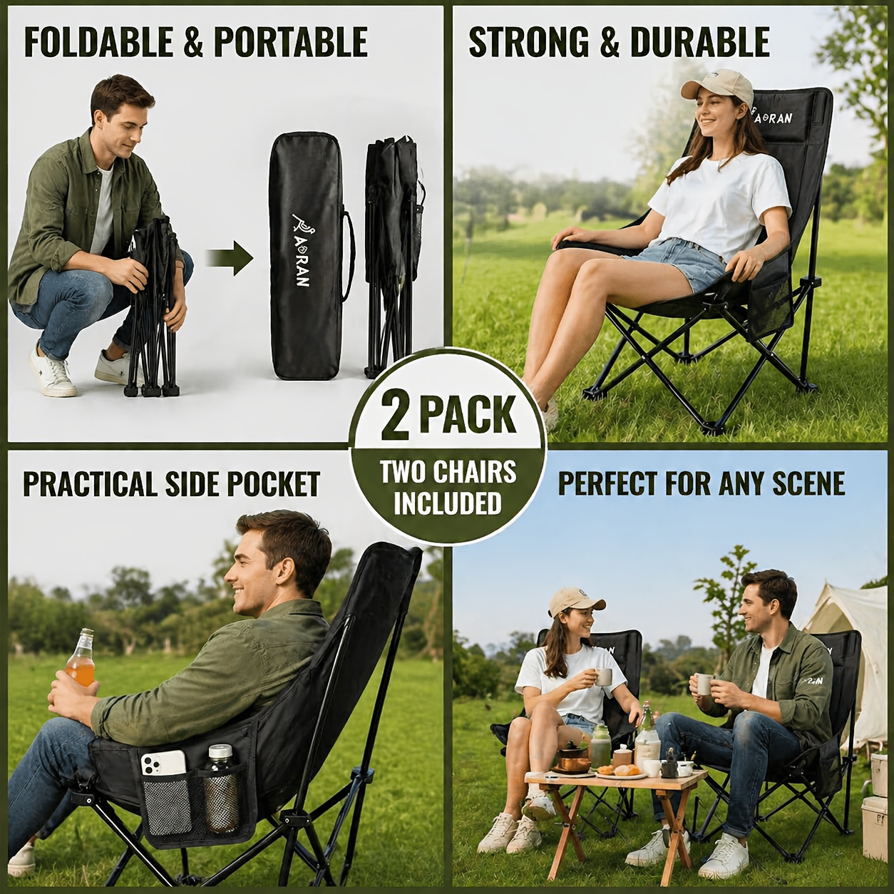 TEMU Aoran 2-pack Outdoor Moon Chair Set, Foldable Portable Camping Chairs With Reinforced Carbon Steel Frames, Durable Oxford Fabric, And Side