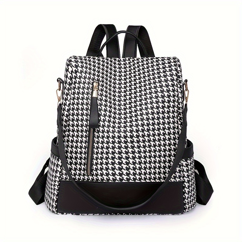 Bandolera de cuadros Houndstooth, mochila con cremallera para mujer, bolso grande casual de gran capacidad ideal para trabajo, estudio y compras