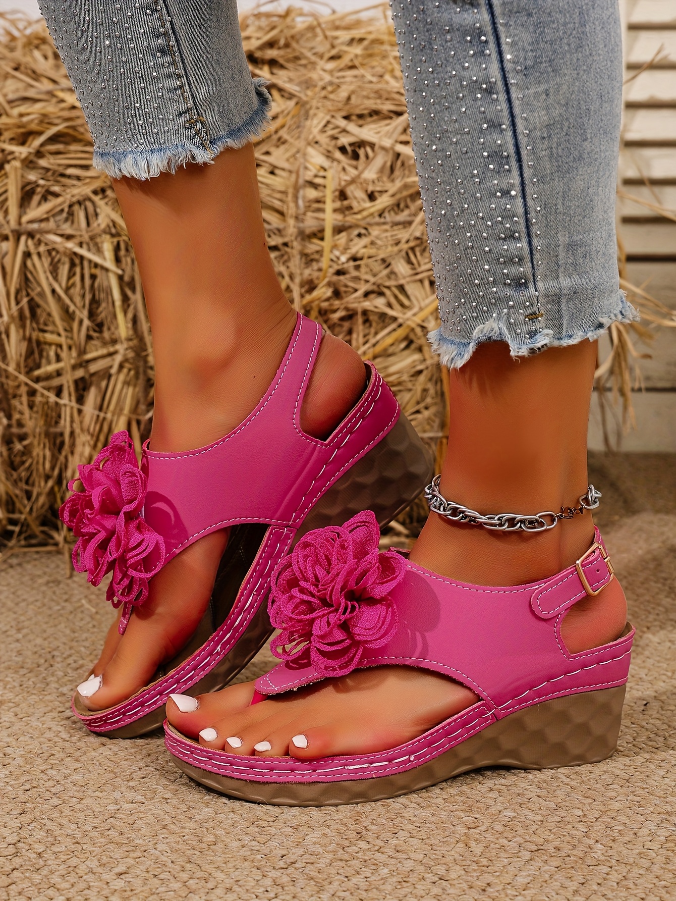 womens summer wedge sandals slip on open toe casual shoes with floral accents soft synthetic cover pu sole comfortable lightweight design for beach office or casual attire Product details 5