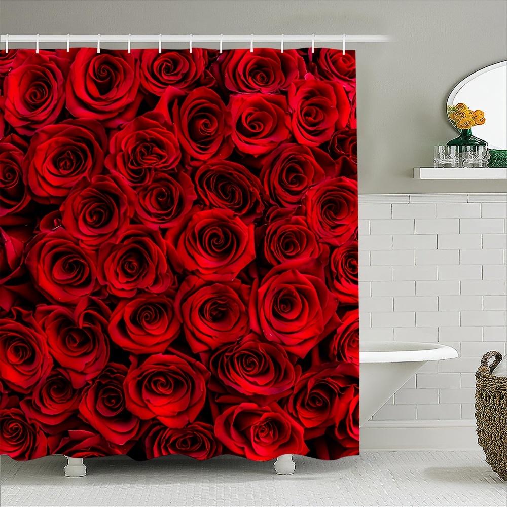 

1pc Floral Print Polyester Shower Curtain, Machine Washable Bathroom Decor With Free Hooks, Woven Privacy Window Curtain