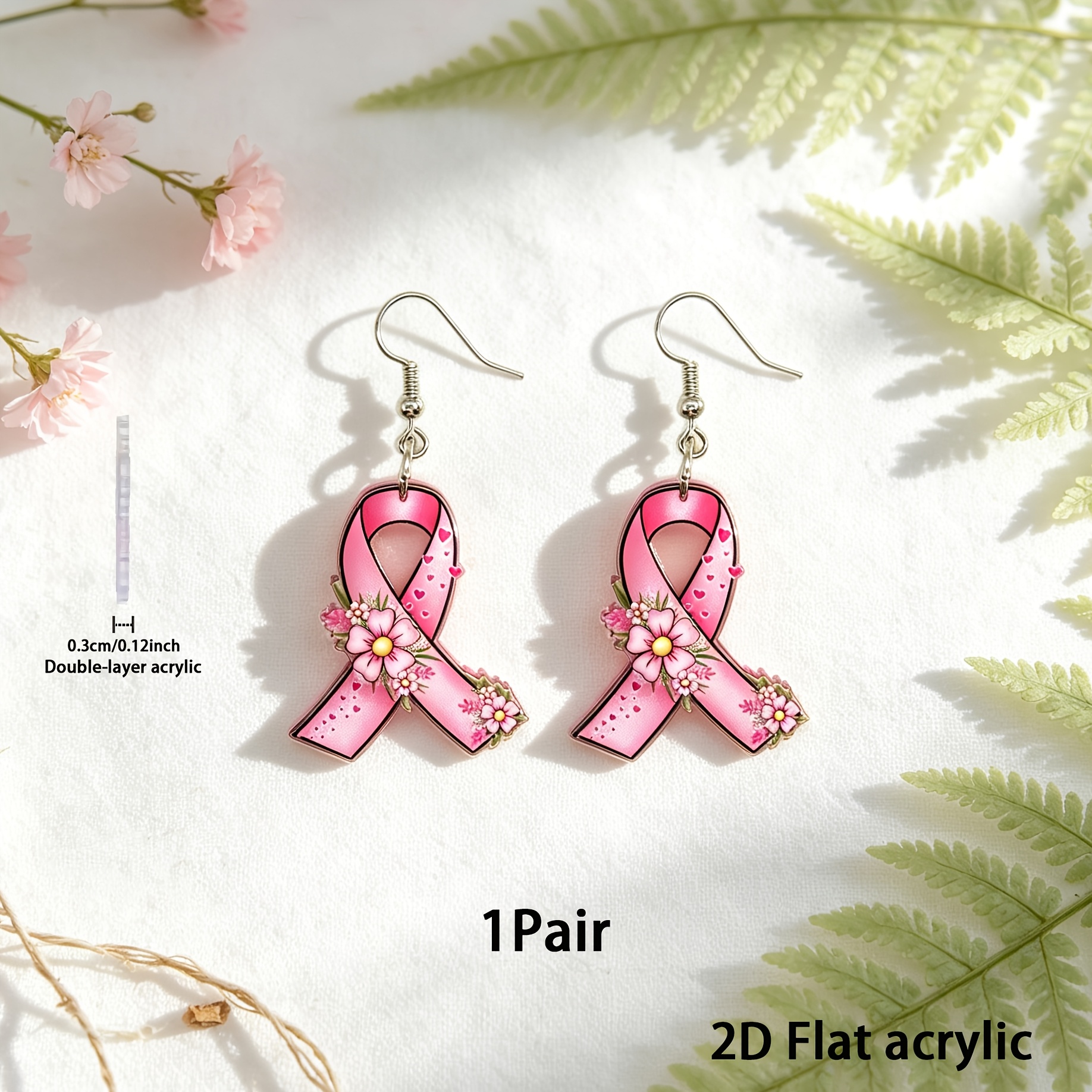 TEMU 2d Flat, 2d Flat 1pair Ribbon Acrylic Dangle Earrings, Breast Awareness Drop Earrings, Charity Holiday Party Jewelry Gift, 2d Flat