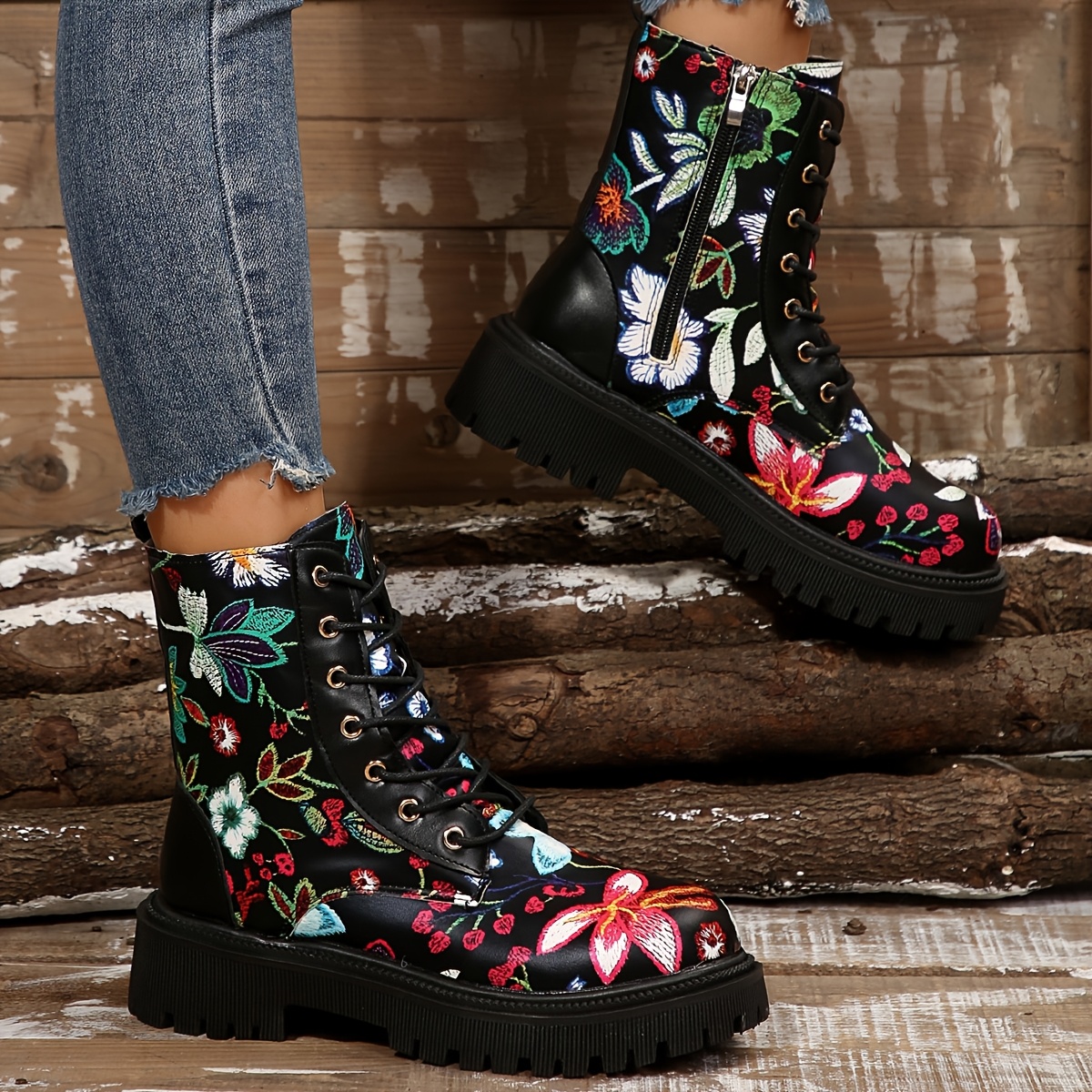 

1pr Women' Floral Combat Boots - Mid Heel Platform Lace-up Ankle Booties With Sole And Fabric Insole, Casual Plain Toe Short Boot