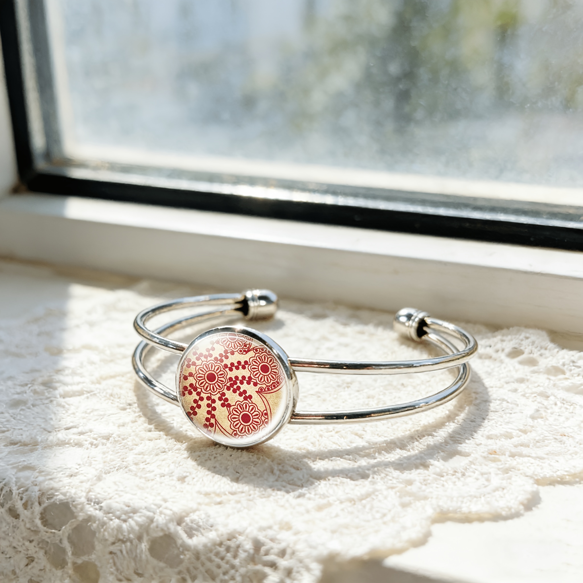 Women's Adjustable Open Bangle with Round Time Gemstone Inlay, Floral Design