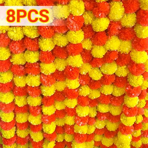 8 pack marigold garland for decoration 5ft long faux artificial marigold flowers strings diwali indian home wedding party mantle decor for pooja halloween easter party decorations home ornament decorative mantle traditional design lightweight garland durable plastic flowers floral strings hanging decor holiday enthusiasts wedding stylists