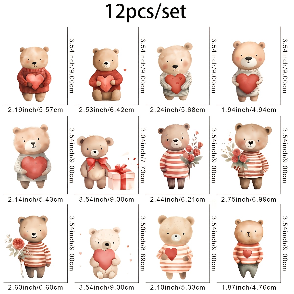 TEMU 12 Piezas de Calcomanías de Transferencia Térmica de Osito de Peluche - Aplicaciones de Vinilo y Variadas para Tela, Camisetas, Bolsas -