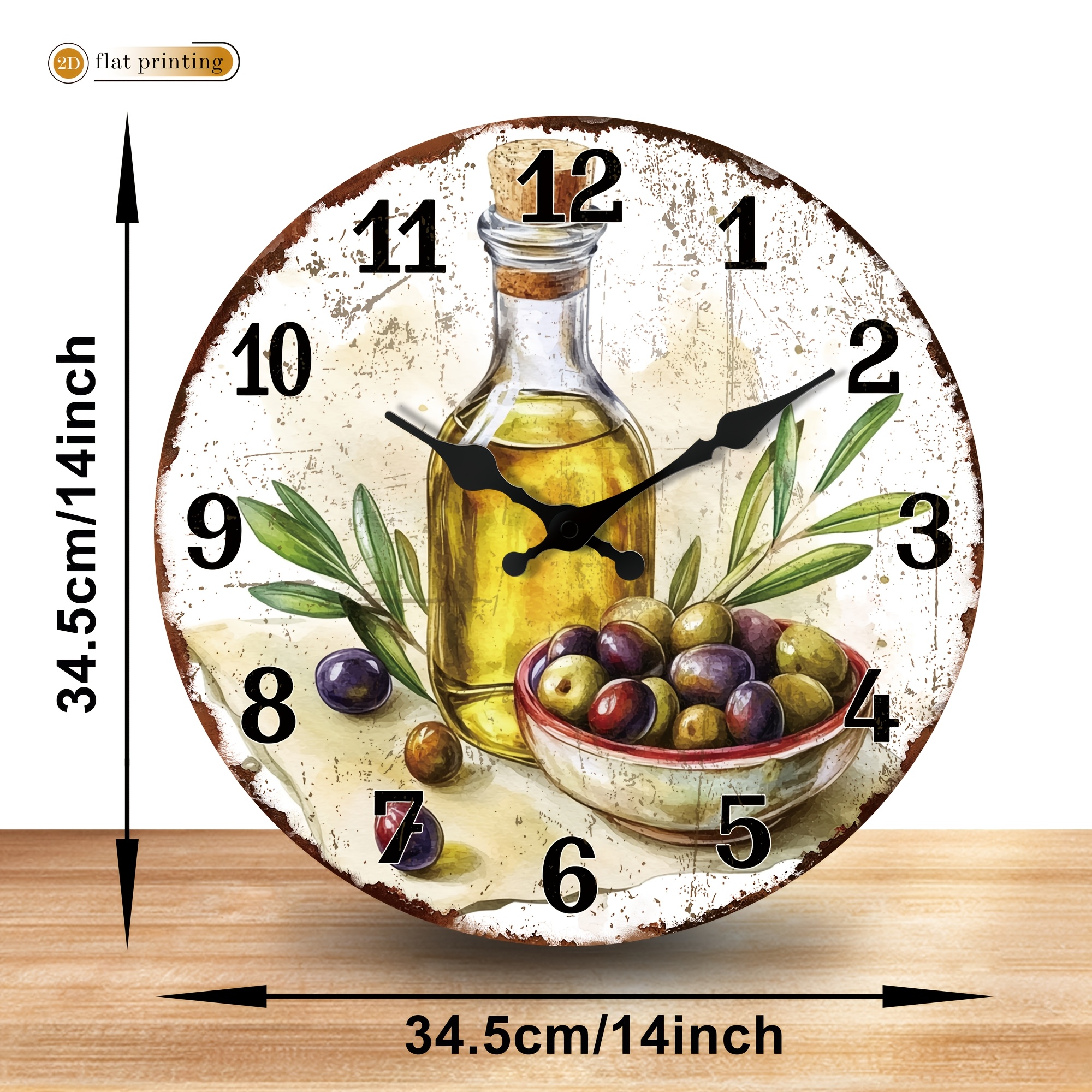 TEMU [2d Flat] 1pc Olive-themed Rustic Wall Clock- Modern Creative Wooden Round Silent Wall Clock, Suitable For Restaurant, Kitchen, And Graduation