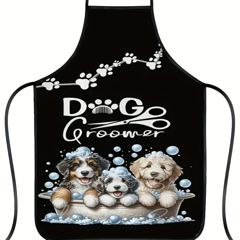TEMU 1pc Women's Dog Groomer Work Apron - Cute Puppy And Dog Grooming Tools Pattern With Bubbles And - Features An Adjustable Waistband, Made Of