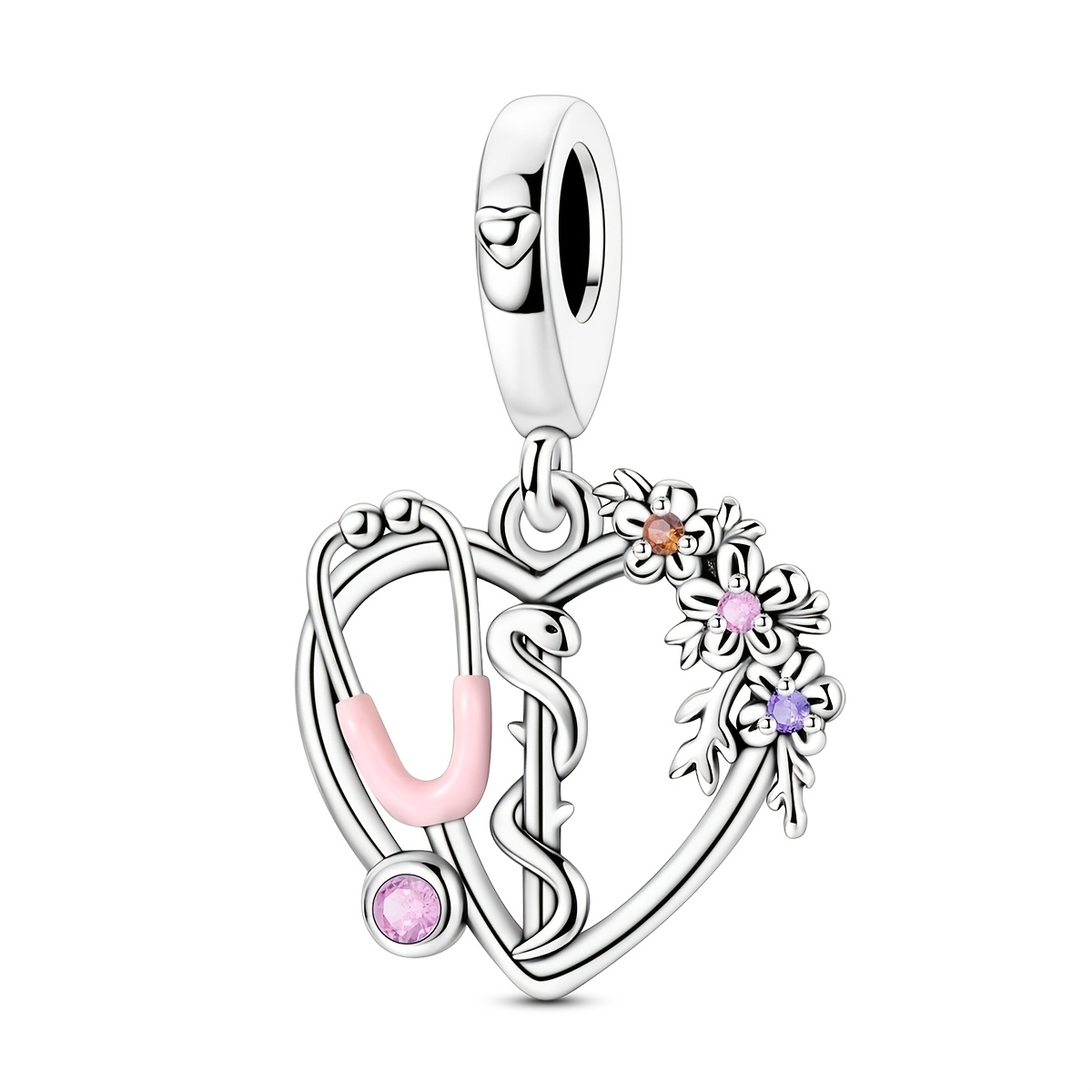 TEMU Silvery Color Charms Beads Fits Original Bracelet And Necklace Making Heart Shaped Stethoscope Snake Staff Charms Box Packaging Gifts For Women'