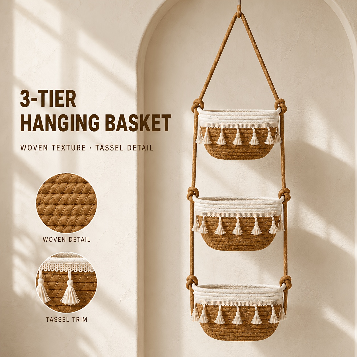 TEMU Three-tier Wall-mounted Storage Basket, Woven Rope Hanging Basket With Tassel Trim, Bohemian Style, Suitable For Small Space Storage In