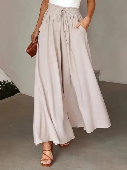 womens elegant wide leg pants loose fit high waist with drawstring solid color polyester spring and fall fashion casual wear elegant wideleg pants polyester