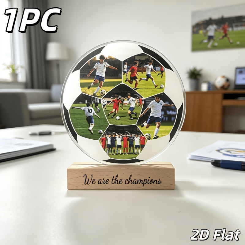TEMU [2D Flat] Individuelle Fußball-förmige Acryl-Dekorleiste mit Holzsockel, Fußball-Dekoration, personalisierbar mit 6 Fotos und Text, perfektes