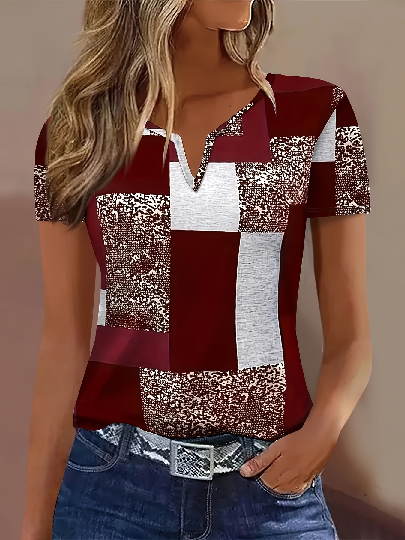 Women's Short Sleeve T-Shirt - Red, Printed Tunic Top, Cotton Blend, Loose Fit Casual Tee