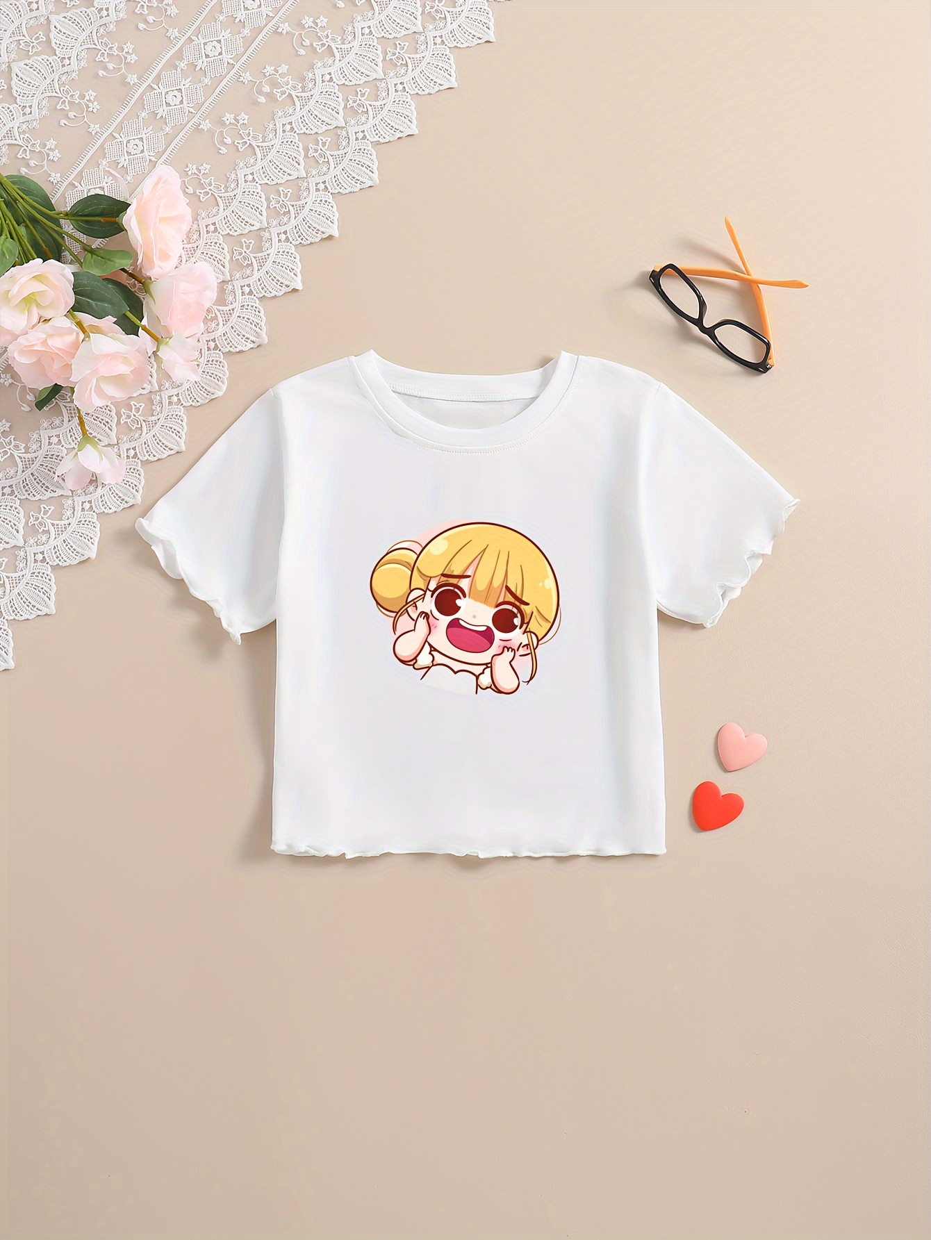 Chubby Cartoon Girl Print Short Sleeve Frill Trim T shirt - Temu