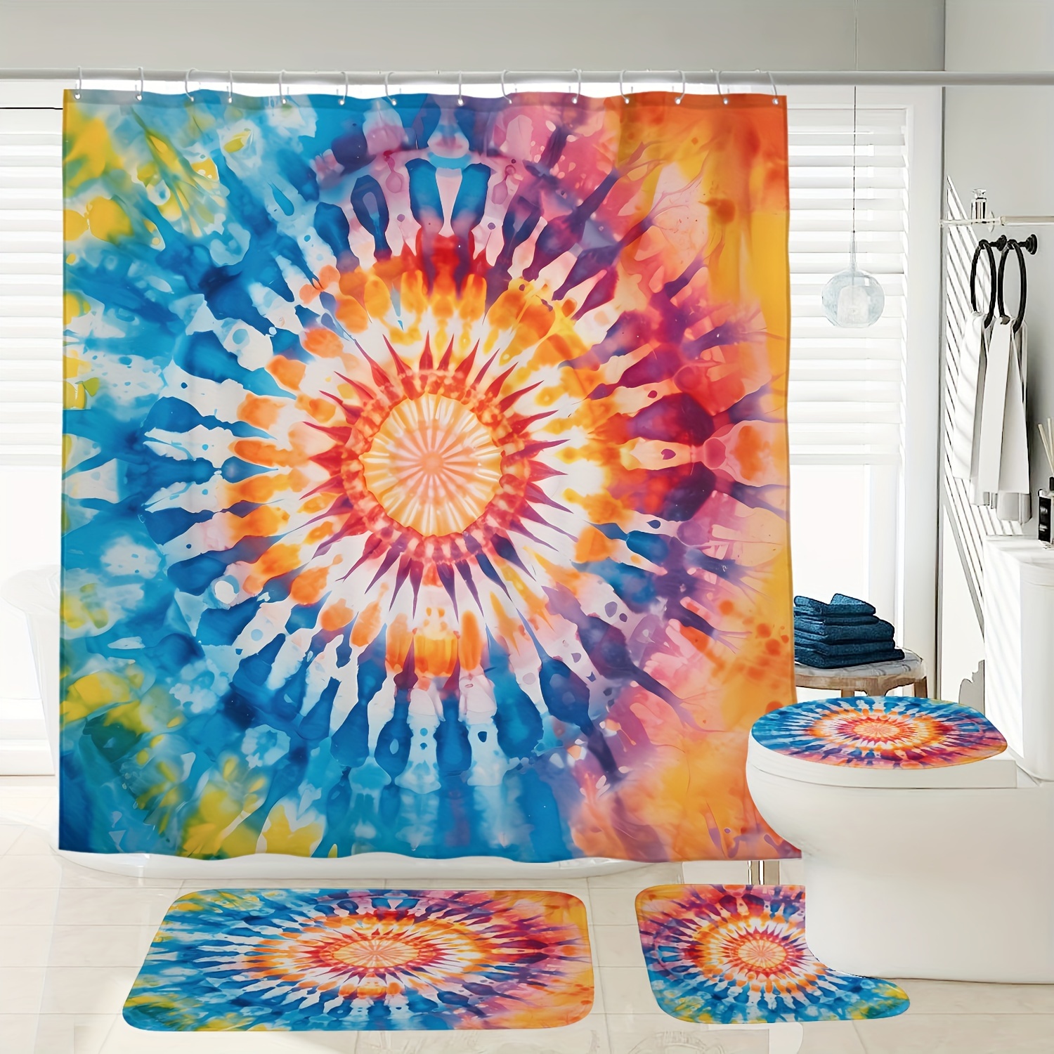 

Mandala Shower Curtain Set With Non-slip Bath Mats And Toilet Lid Cover, Polyester Waterproof Bathroom Decor With 12 Plastic Hooks - Woven, Cordless Design, No Needed