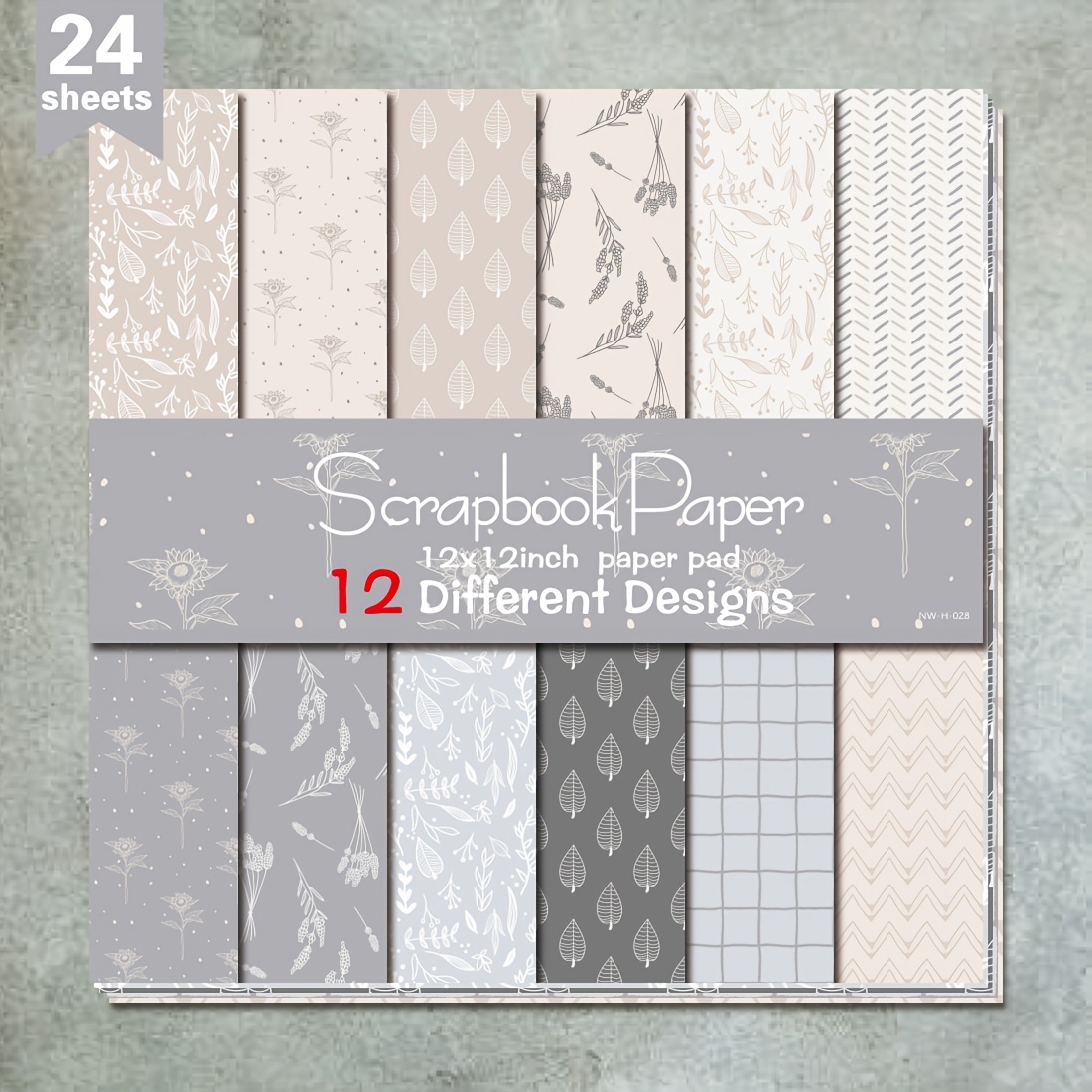 

24 Sheets 12"x12" Diy Paper, Holiday Scrapbooking Supplies Kit Aesthetic Decorative Gift Wrapping Album Planner Decorative Paper Craft Supplies - Light Gray Plant Pattern