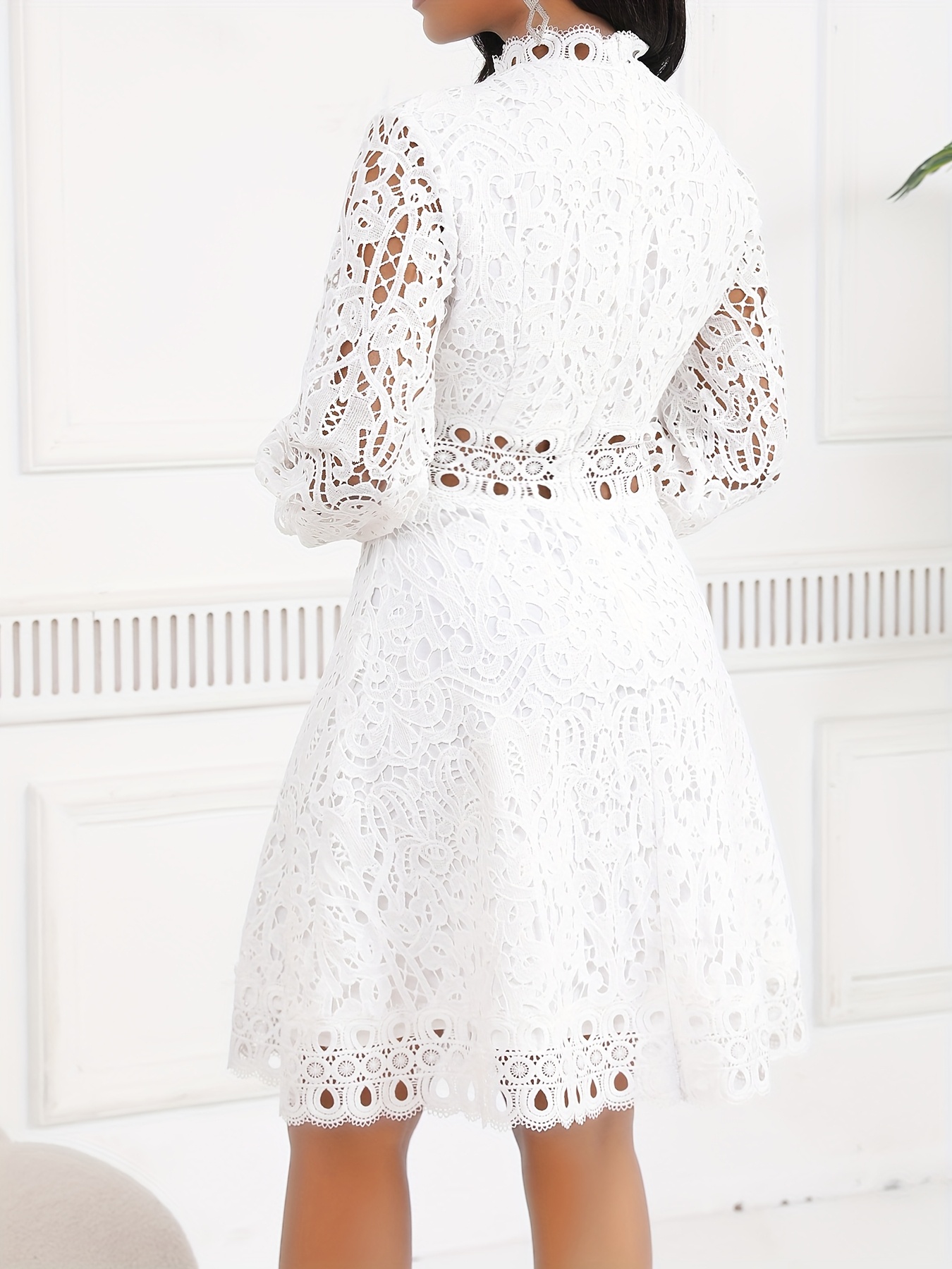 Women's Elegant White Lace Dress with High Collar & Long Sleeves - Slim Fit A-Line Knee-Length Dress, Chic & Breathable for Casual to Formal