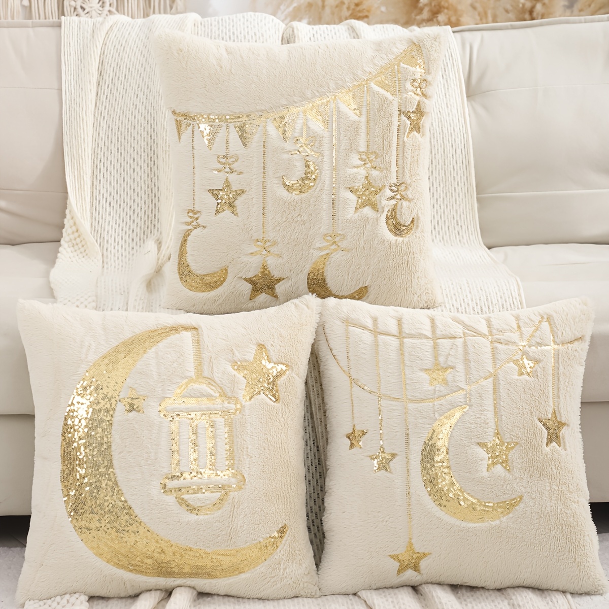 1pc ramadan decorative pillow cover with   stars and lantern embroidery plush islamic muslim holiday gift for living room sofa decor Product details 0