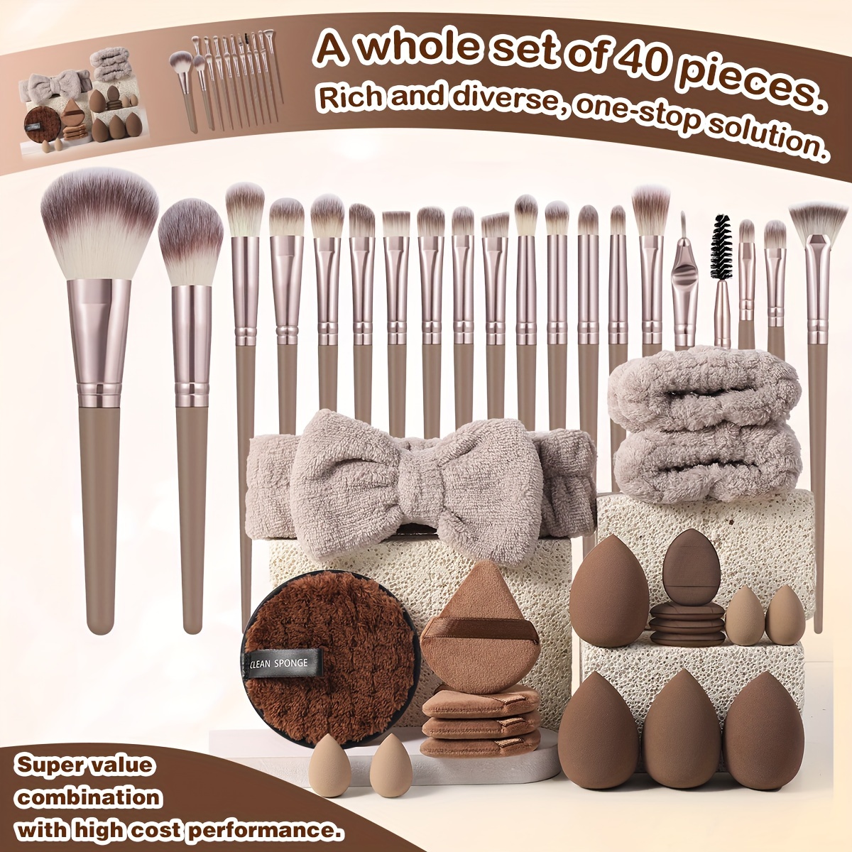 

40pcs Makeup Set Brushes, For - Unscented, Abs Includes 20 Brushes, 4 Sponges, 4 Sponges, 4 , 4 , , & 2 Wristbands