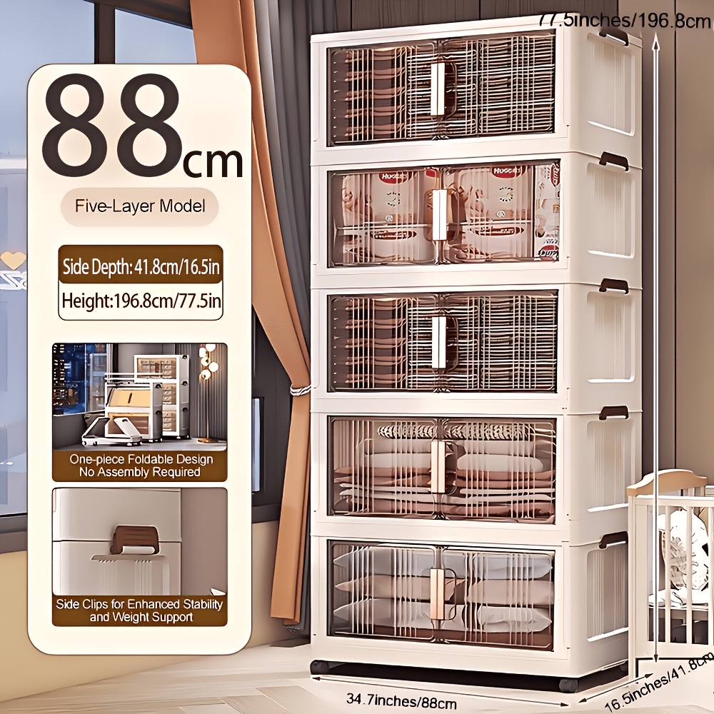 TEMU 88cm Extra Large Capacity Folding , Foldable Plastic Cupboard, Stackable Freestanding Home Organiser In 62cm 74cm And 88cm For Office, Utility
