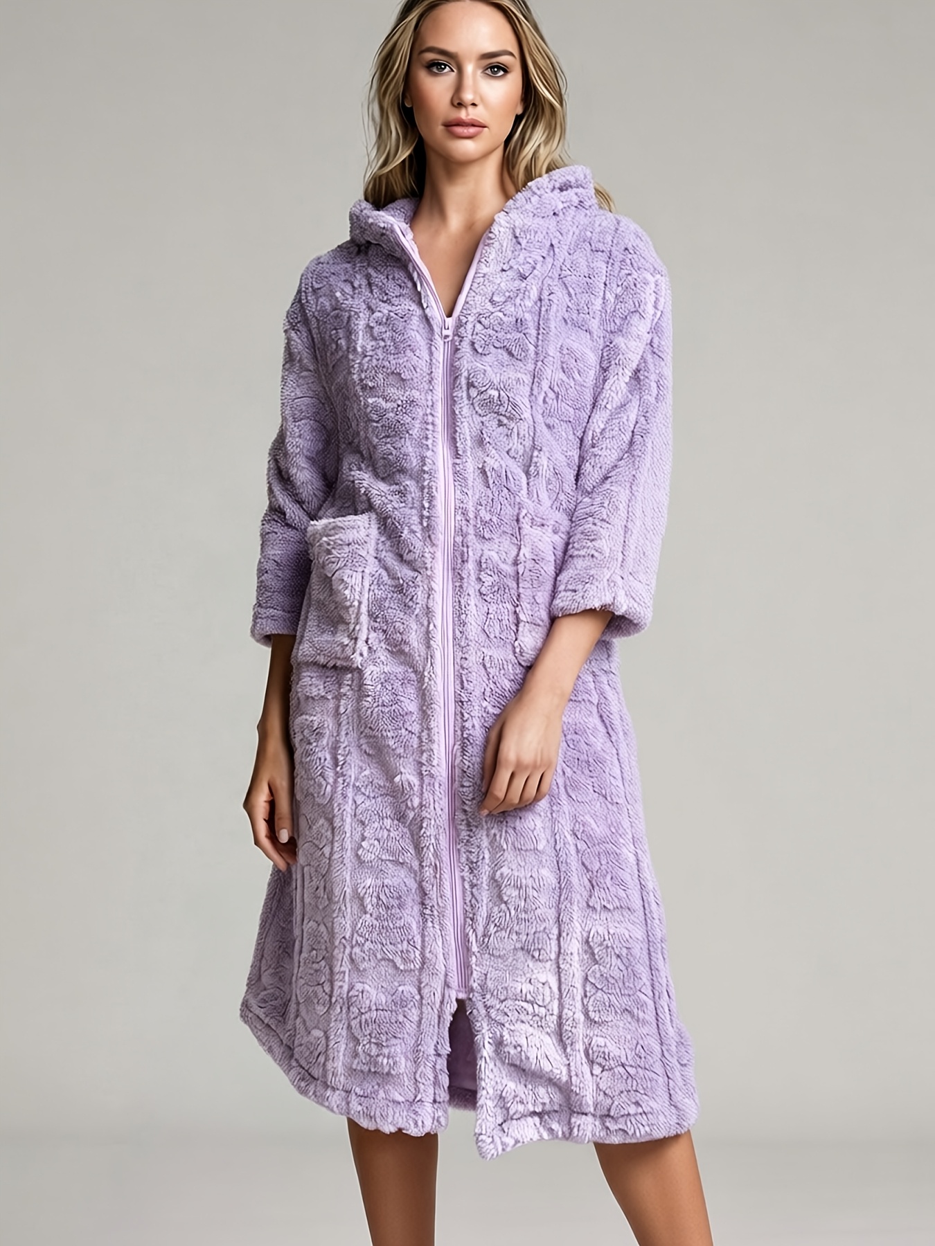 ladies zip front dressing gown Autumn/Winter Warm Flannel Long-Sleeve Hooded Heart-Patterned Women's Casual Fashionable Zip-Up Hooded Robe, Suitable for Outerwear, Convenient Home Gown, Long Robe Straps & Sleeves_Sleeveless