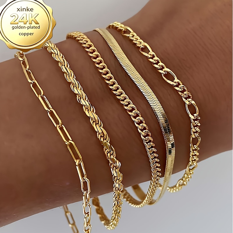 TEMU 5 braccialetti in acciaio inossidabile oro 24K da donna, set di gioielli da donna elegante e lussuoso che non sbiadisce, per l'uso le feste.