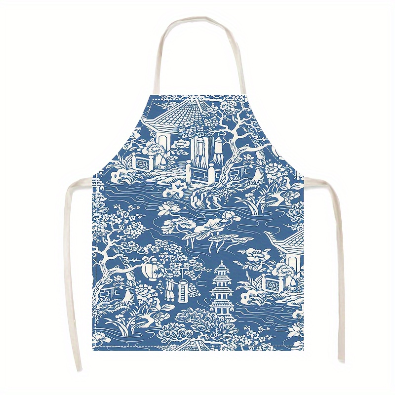 TEMU 1pc Blue Chinese Style Traditional Architecture Apron Waist Skirt, Home Cleaning Apron / Wear-resistant Outdoor Apron, Work Uniform