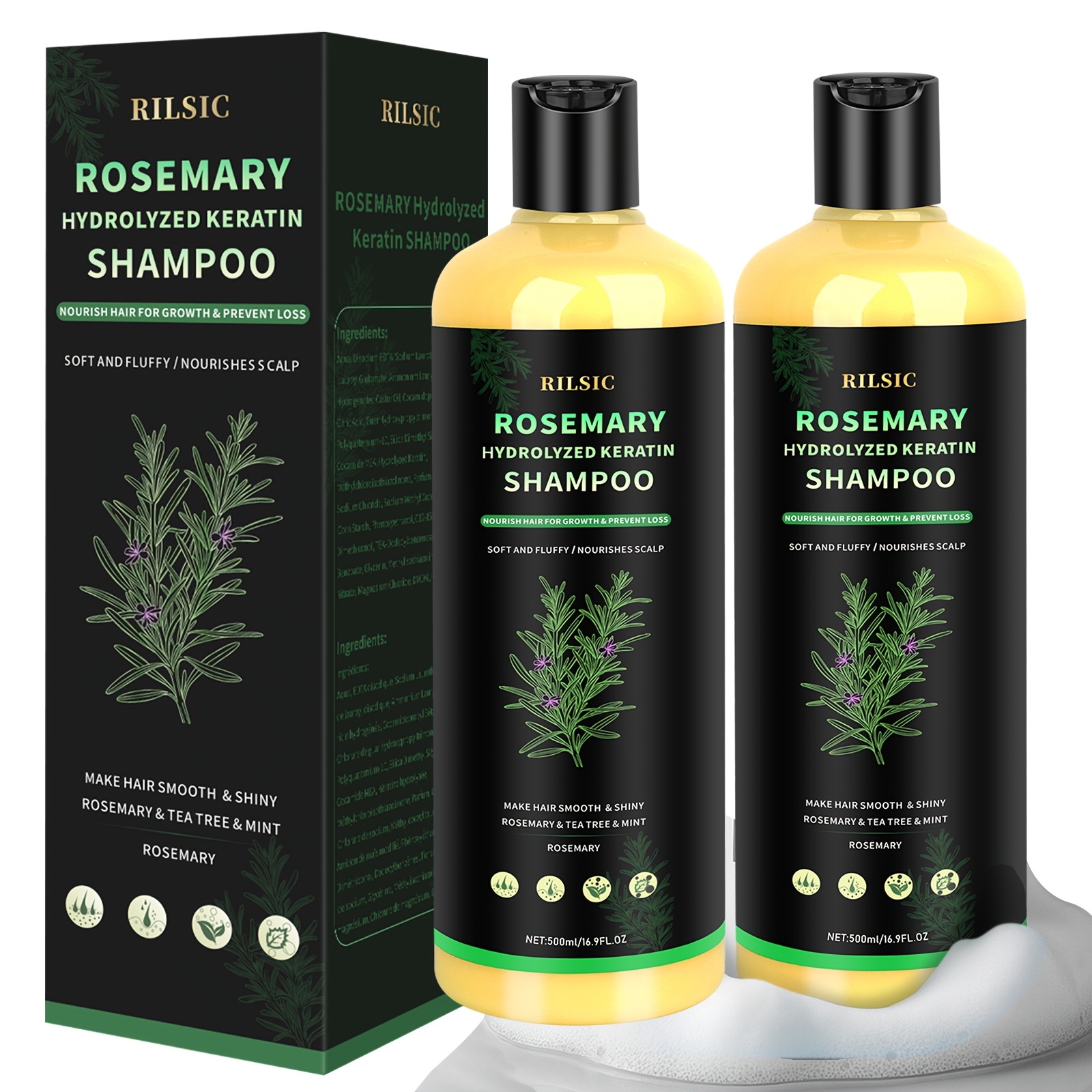 TEMU RILSIC Lot de 2 shampooings au pour femmes et hommes, 16,9 oz, shampooing à la kératine hydrolysée, shampooing de soin capillaire doux pour un