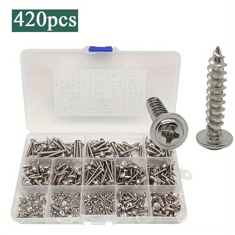 

420pcs Stainless Steel 304 Self-tapping Screws With Washers, Flat Head, Round Head, Slot, Assorted Sizes For Industrial And Scientific Use