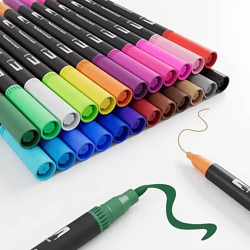 Dual Tip Watercolor Set with 24 Vibrant Colors - Professional Double-Headed Drawing Pencils & Markers, Durable Plastic Body, Ergonomic Grip, Permanent Ink for Artists, Calligraphy, Calligraphy, School, Crafts, Watercolor Painting - Ideal for Students