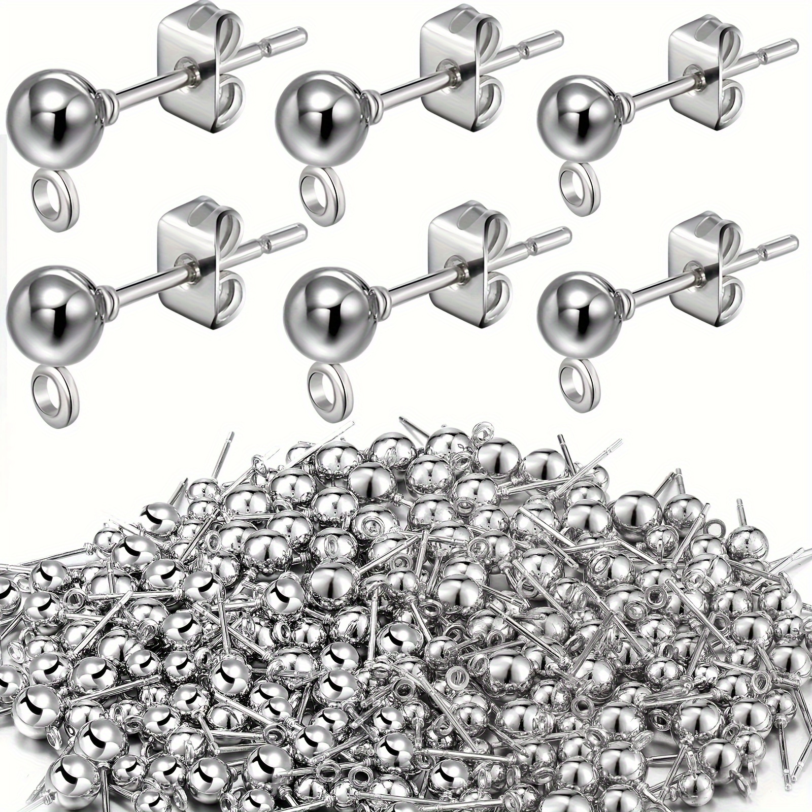 E-shop 120-teiliges Ohrstecker-Set mit Kugelstiften - Beinhaltet 4mm, 5mm und 6mm Runde Stifte mit Aufhänglöchern (20 Stück pro Größe), 60 Verschlüsse