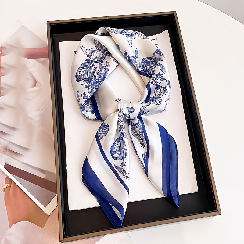 1pc Of 27-inch White Floral Square Scarf, Made Of Smooth, Non-pilling Fabric. Suitable For Wearing With Clothing, Casual , Wind Protection,, And Decoration