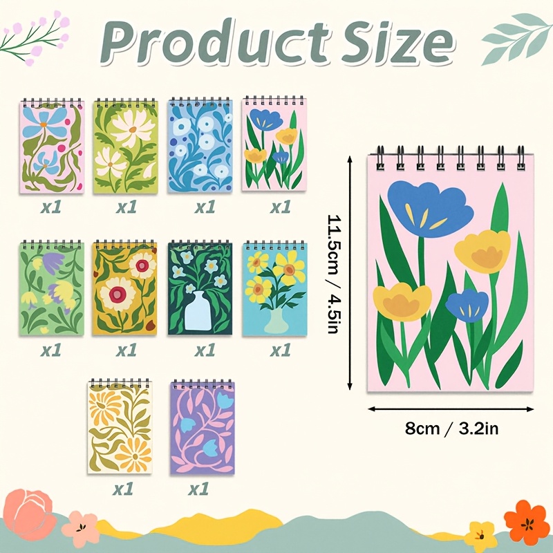 TEMU 10 Styles Colorful Art Flower Theme Mini Spiral Notebooks, Classroom Favors And Supplies Gift Bags Fillers , For Birthday Party Draw Gifts