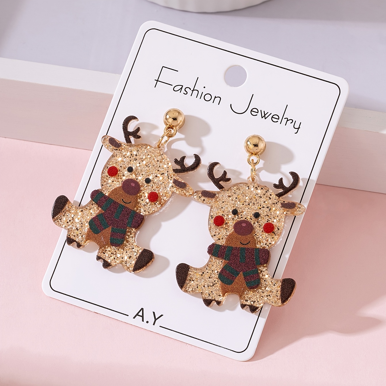TEMU 1 Pair Of Women's Fashion Earrings With A Sparkling Reindeer Print Design, Suitable For Holiday Parties And As Gifts