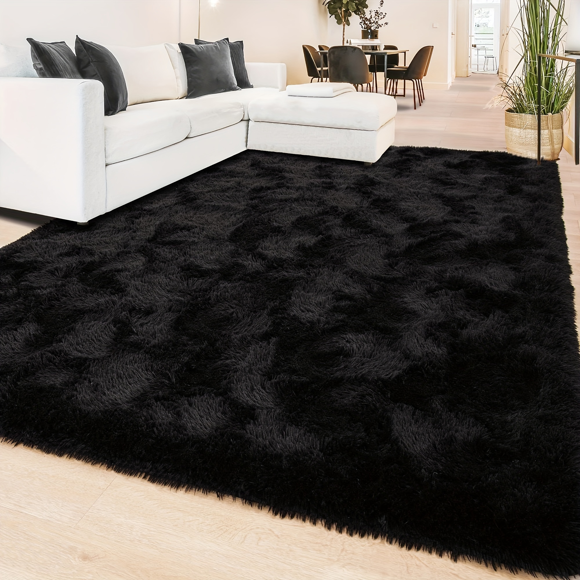 Image of Living Room Rug, Large Long Pile Black Carpet, Living Room Rug, Bedroom Fluffy Rug, Plush Modern Rug, Home Decor Aesthetics