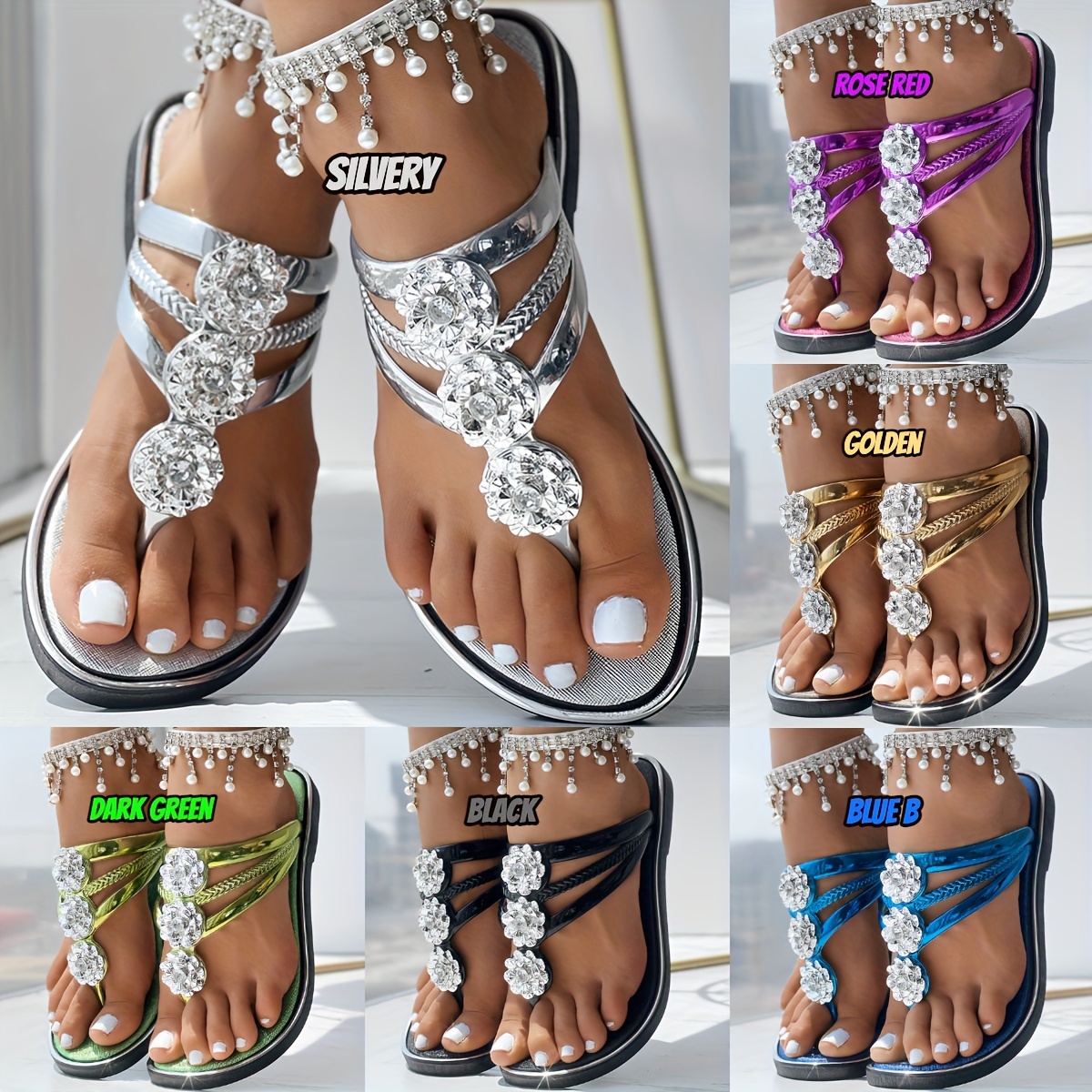 

Rhinestone Floral Pattern Hollow Out Flip Flops Slides, Summer Glitter Beach Slides