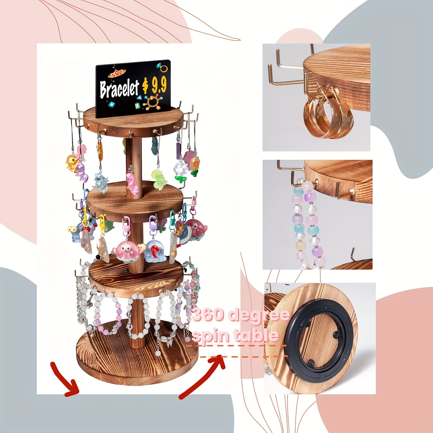 Natural Wood Rotating Jewelry Organizer - Multi-Tier Rack