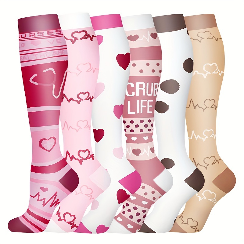 

6-pack Socks For Nurses & Outdoor Cycling, Polyester & Elastane , Knit Fabric, Wear, Machine Washable, Non-slip Support & Fitness Socks - Assorted Patterns