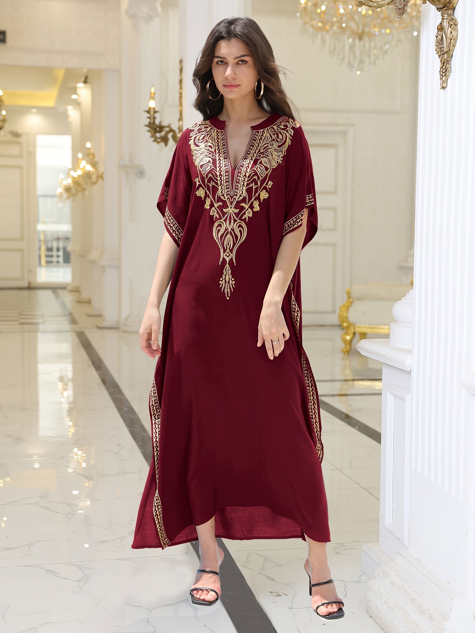 Plus Size - Plus Size - * Plus Size Embroidered Printed * V-Neck Batwing  Sleeve Kaftan Dress, Casual Comfortable Summer Short Sleeve Side Slit Beach  Dress for Vacation Q1735