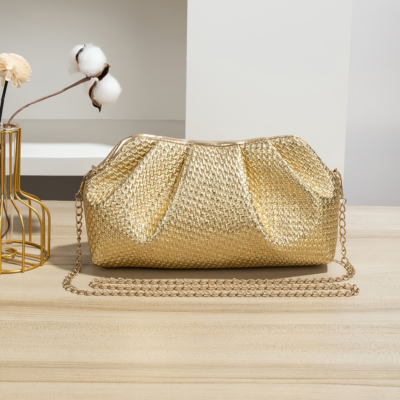 TEMU Women's Mini Golden Crossbody Bag, Golden Chain Shoulder Bag, Women's Evening Coin Purse, Pleated Design Mini Bag, Women,, Students, Back To