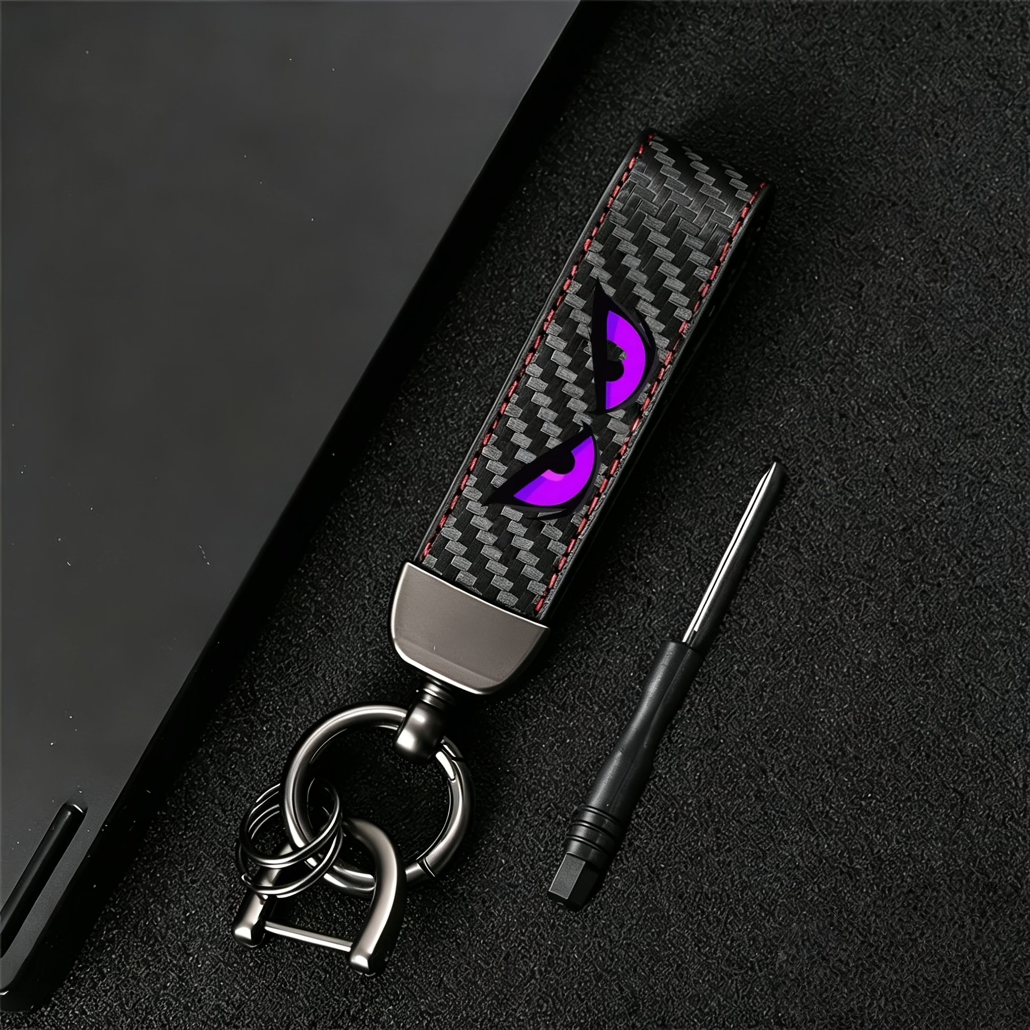TEMU 1 Porte-clés robuste avec tournevis | Texture fibre de carbone, anneau en métal, matériau en alliage durable, logo tendance