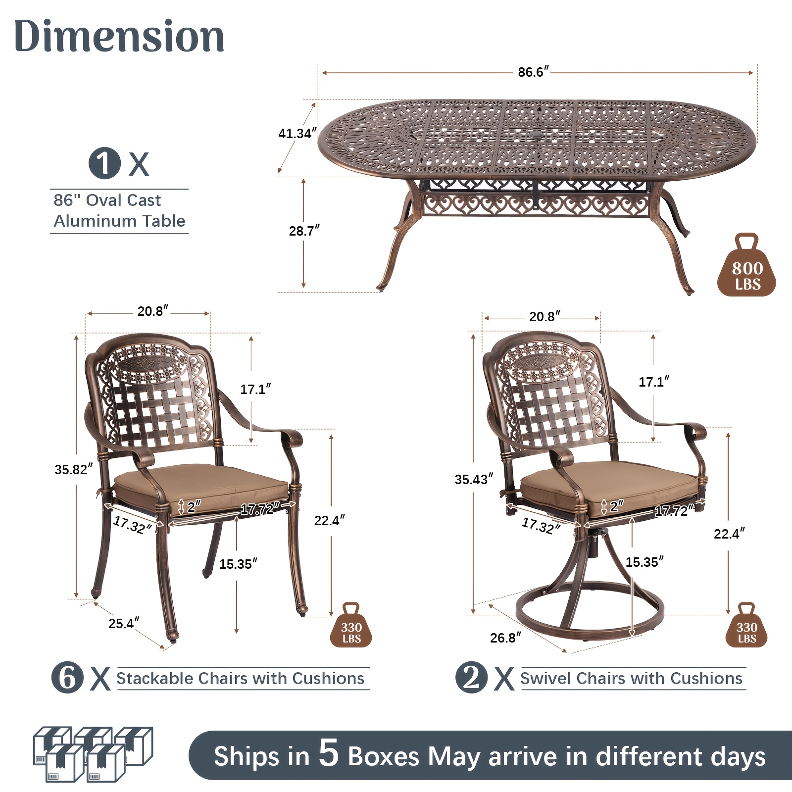 9pcs Cast Aluminum Outdoor Patio Dining Set - Ornate Scrollwork Design, Weather-Resistant Rust-Proof Frame, Oval Table And 8 Cushioned Chairs, Suitable for Garden, Backyard And Poolside Seating