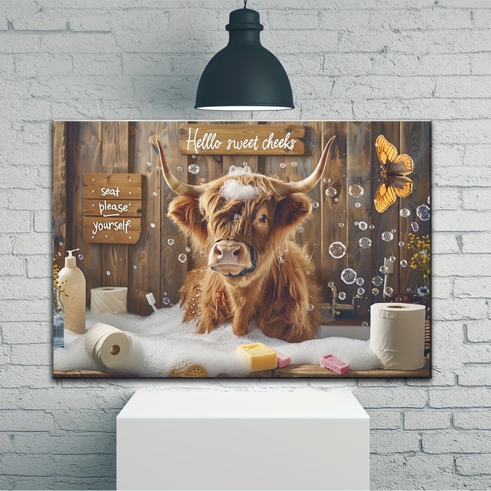

1pc Wooden Framed Canvas Painting Highland Cow Bathoom Wall Art Prints For Home Decoration, Living Room, Bedroom, Bathoom & Bathtub, Festival Party Decor, Gifts, Ready To Hang