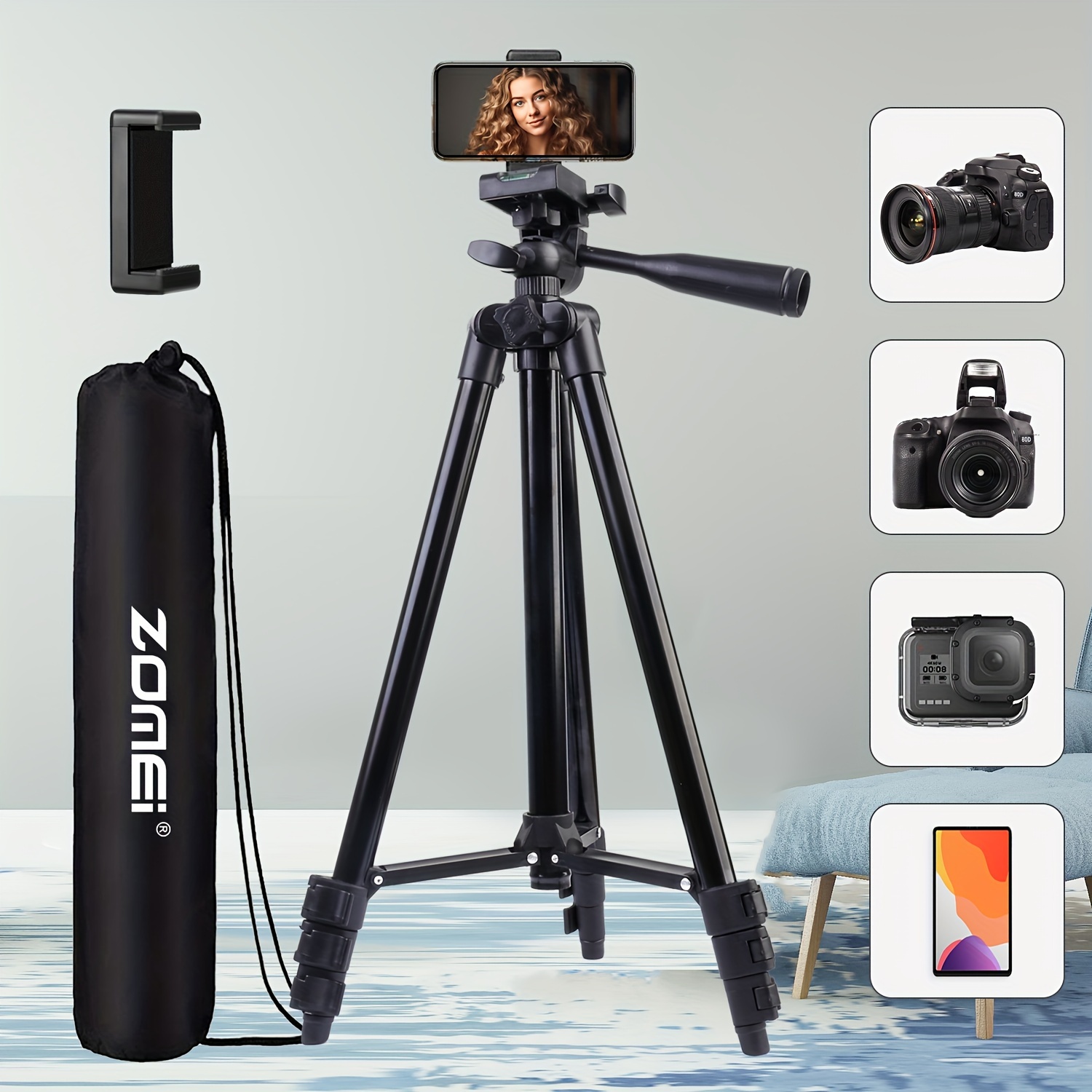 

Zomei 51" Adjustable Aluminum Tripod With Phone Holder & Clip - Perfect For Live Streaming, Meetings & Outdoor Adventures