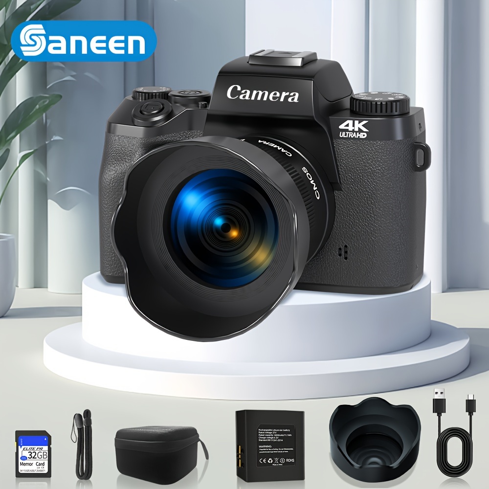  Saneen Cámara digital, cámaras 4K para fotografía y video,  cámara de vlogging con pantalla táctil WiFi de 64 MP para  con  Flash, tarjeta SD de 32 GB, parasol de lente
