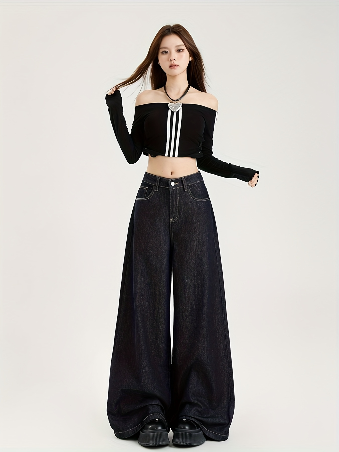 Calças de de cintura para mulheres Denim não elástico de botão, voo  de zíper comprimento longo, estilo casual de ru